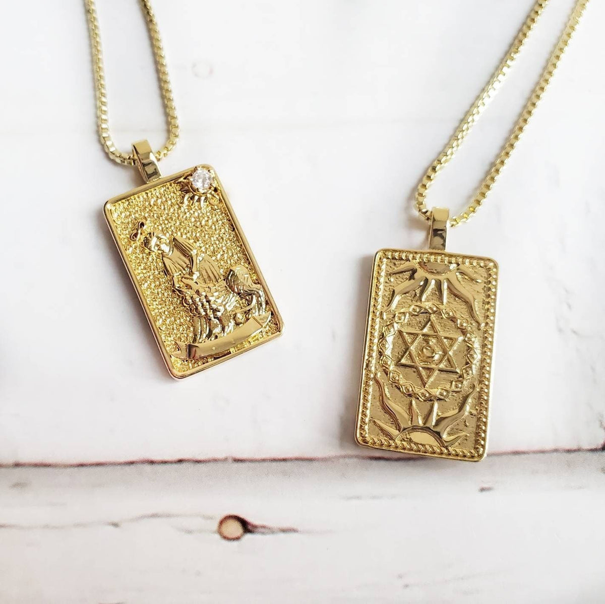 THE STRENGTH Tarot Deck Card Necklace | 14K Gold Box Chain Pendant Necklace | Delicate, Minimalist Intention Necklace | Witchy Jewelry Gift
