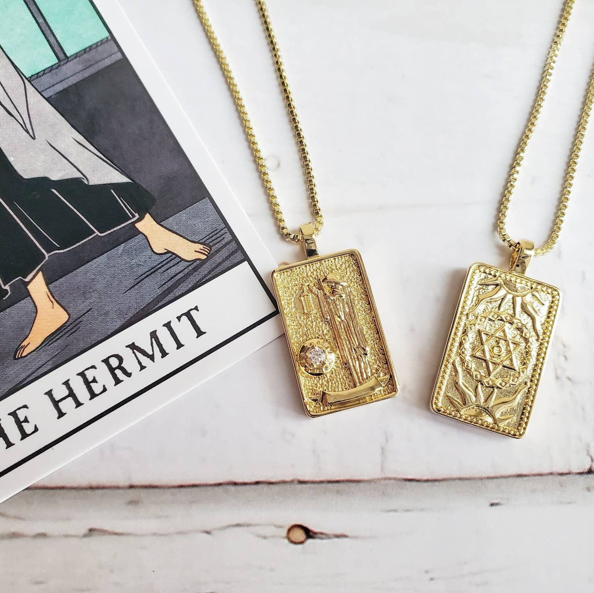 THE HERMIT Tarot Deck Card Necklace | 14K Gold Box Chain Pendant Necklace | Delicate, Minimalist Intention Necklace | Dainty Tarot Jewelry