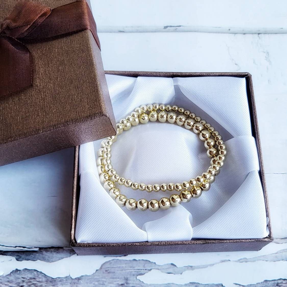 FORTUNA | 14K Gold Beaded Bracelet Set | Gold Stacking, Layered Bracelets | Delicate, Elastic Stretch Bracelet | Goddess Fortuna Jewelry