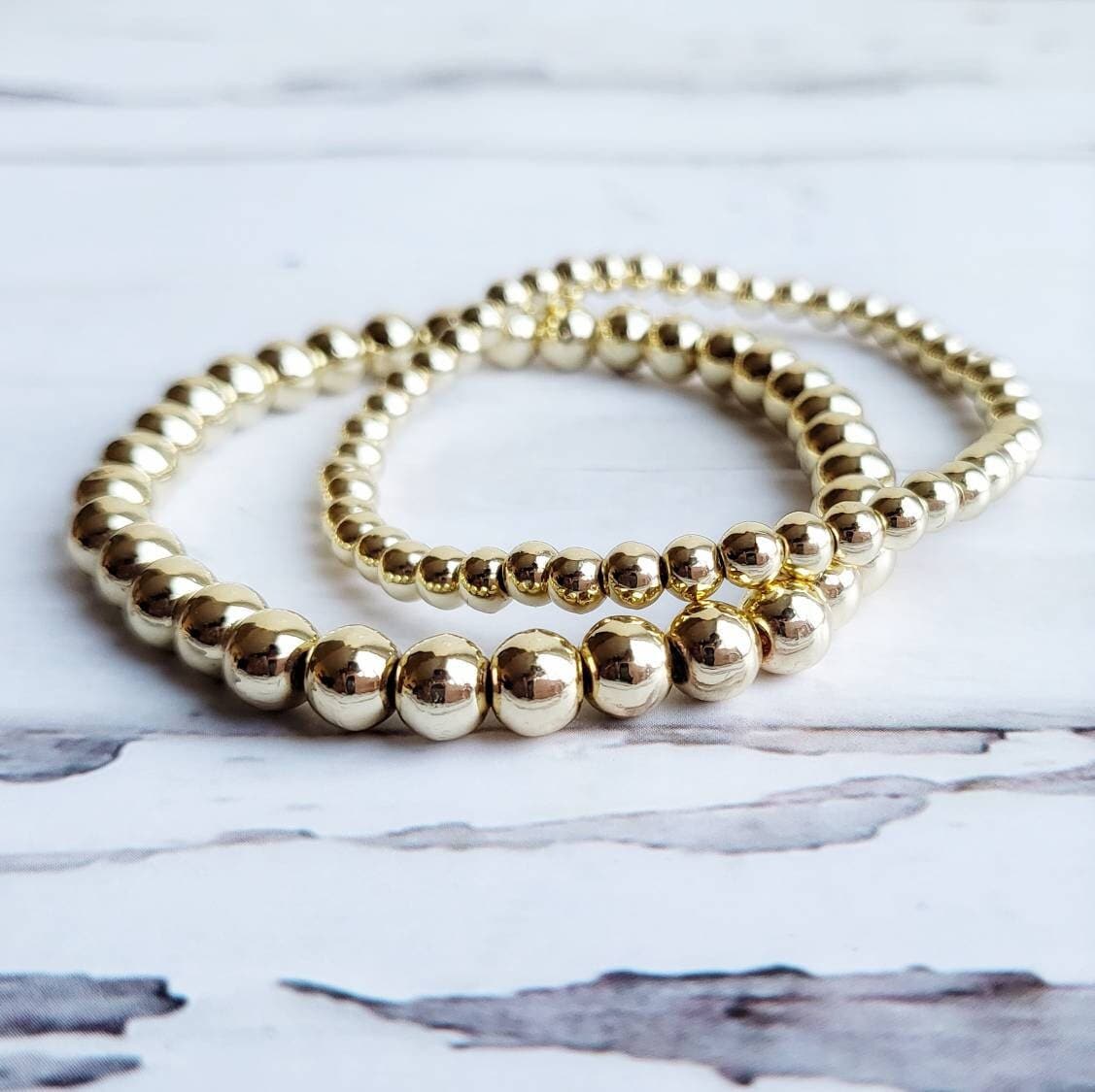 FORTUNA | 14K Gold Beaded Bracelet Set | Gold Stacking, Layered Bracelets | Delicate, Elastic Stretch Bracelet | Goddess Fortuna Jewelry