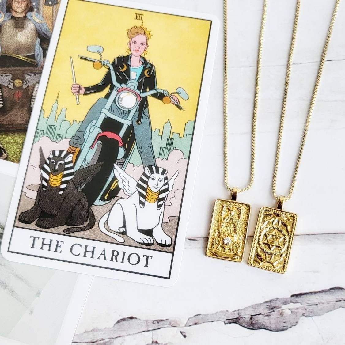 THE CHARIOT Tarot Card Necklace | 14K Gold Pendant Necklace | Delicate Minimalist Intention Celestial Necklace | Cancer Astrology Jewelry