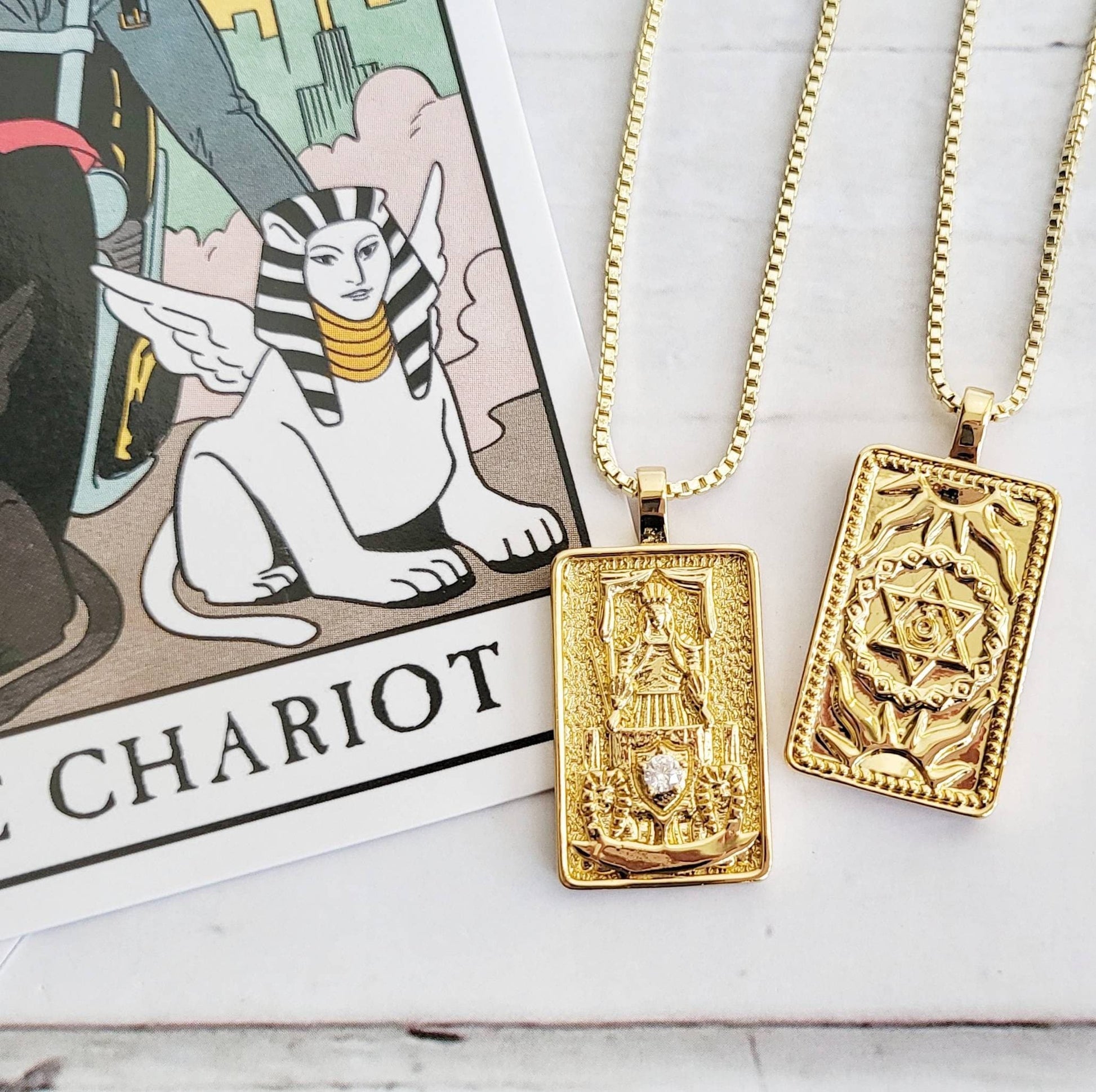 THE CHARIOT Tarot Card Necklace | 14K Gold Pendant Necklace | Delicate Minimalist Intention Celestial Necklace | Cancer Astrology Jewelry
