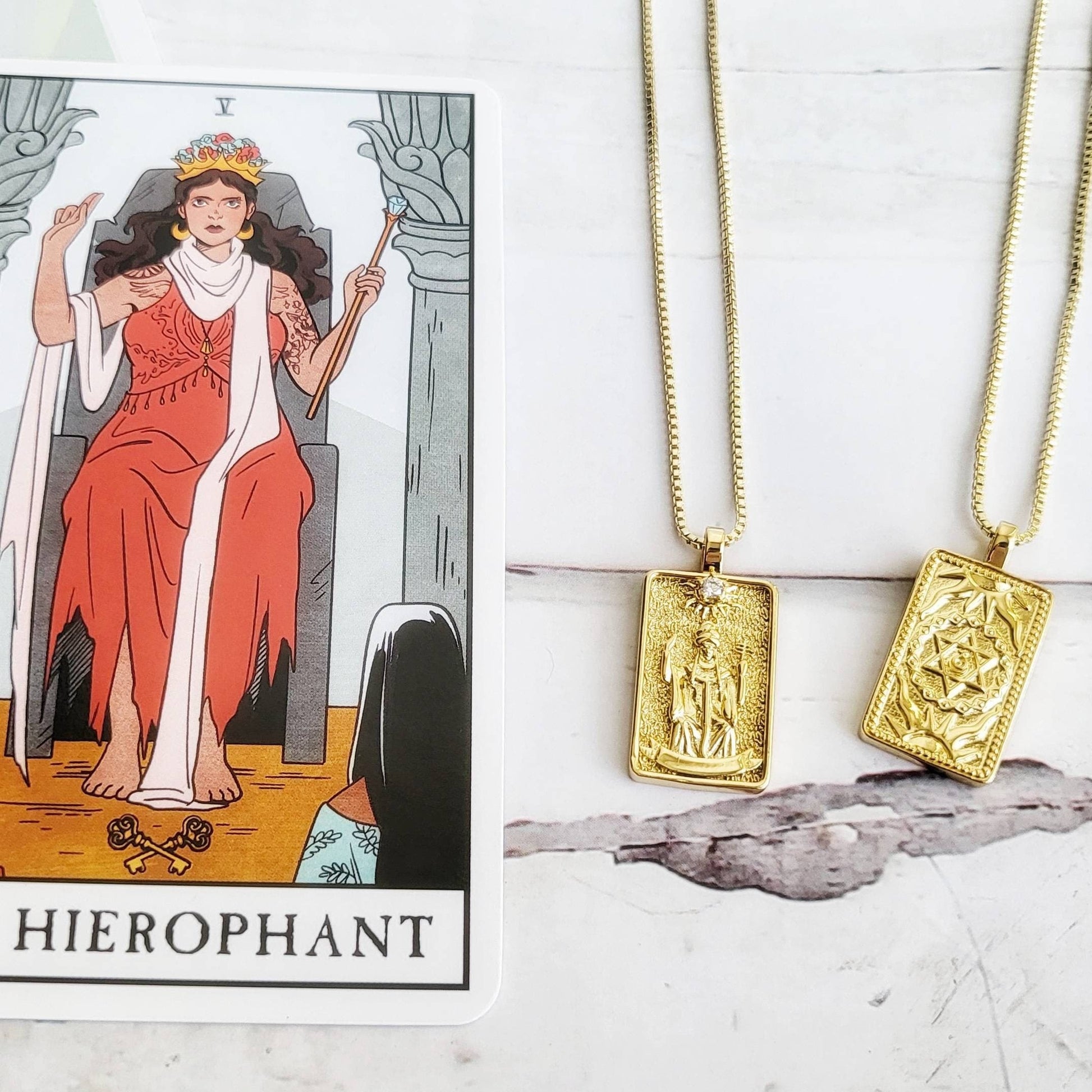 THE HIEROPHANT Tarot Card Necklace | 14K Gold Pendant Necklace | Delicate Minimalist Intention Celestial Necklace | Astrology Taurus Jewelry