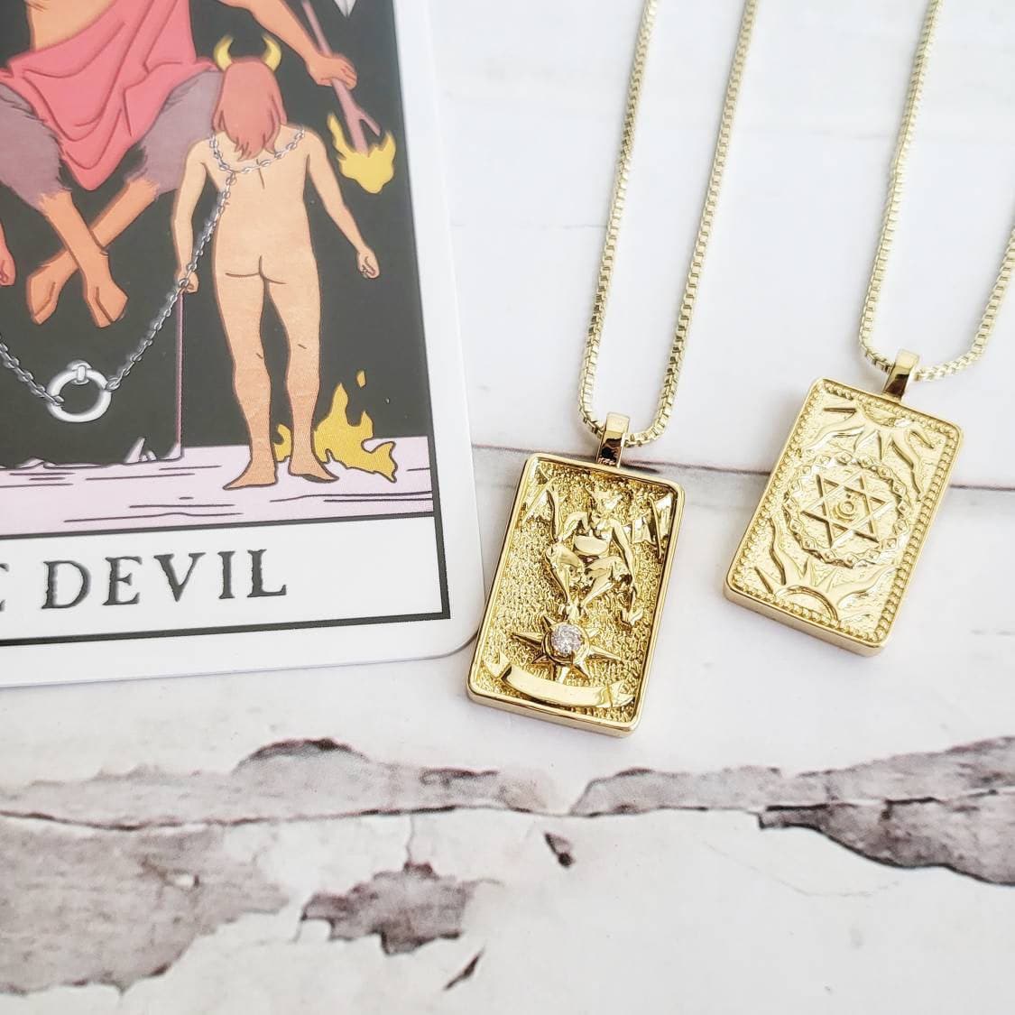 THE DEVIL Tarot Card Necklace | 14K Gold Pendant Necklace | Delicate Minimalist Intention Celestial Necklace | Capricorn Astrology Jewelry