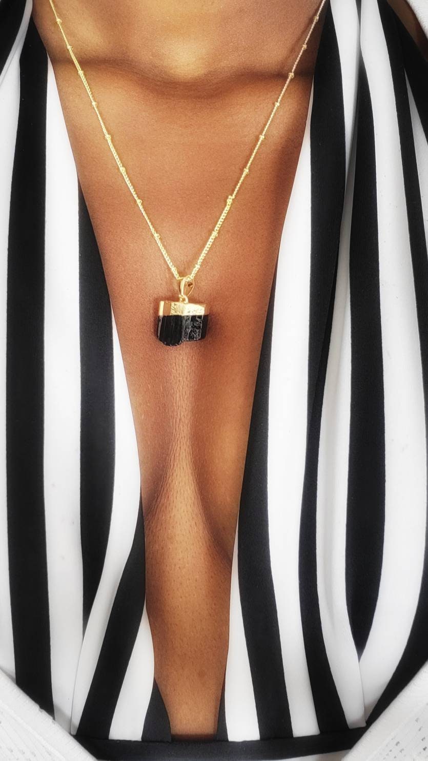 Raw Black Tourmaline | 14K Gold Beaded Satellite Gemstone Necklace | Crystal for Protection | Delicate, Minimalist Black Tourmaline Necklace
