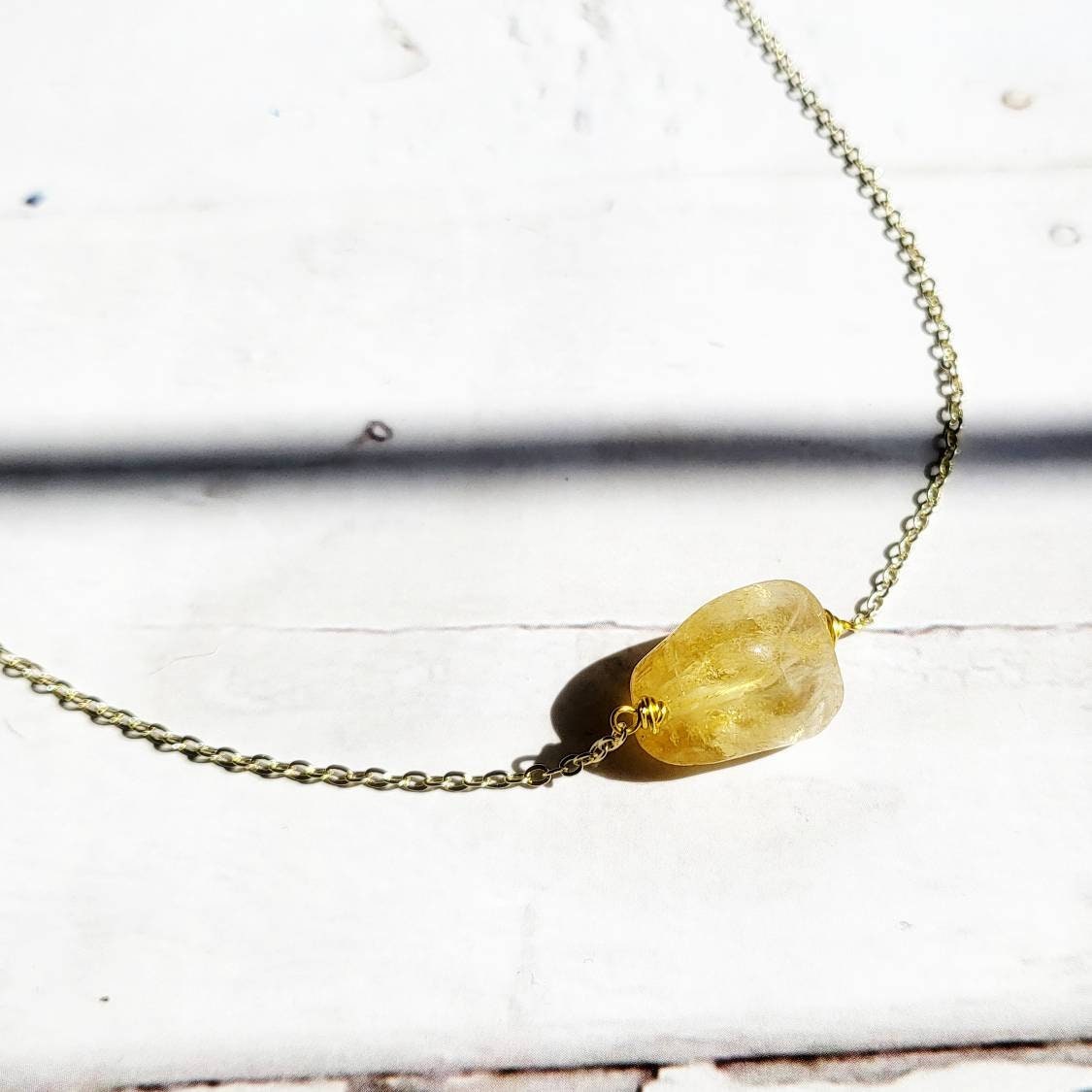 CITRINE | 14k Gold Dainty Crystal Healing Necklace | Handmade Minimalist Spiritual Jewelry | Abundance Gemstone | Worry Stone Anxiety Gift