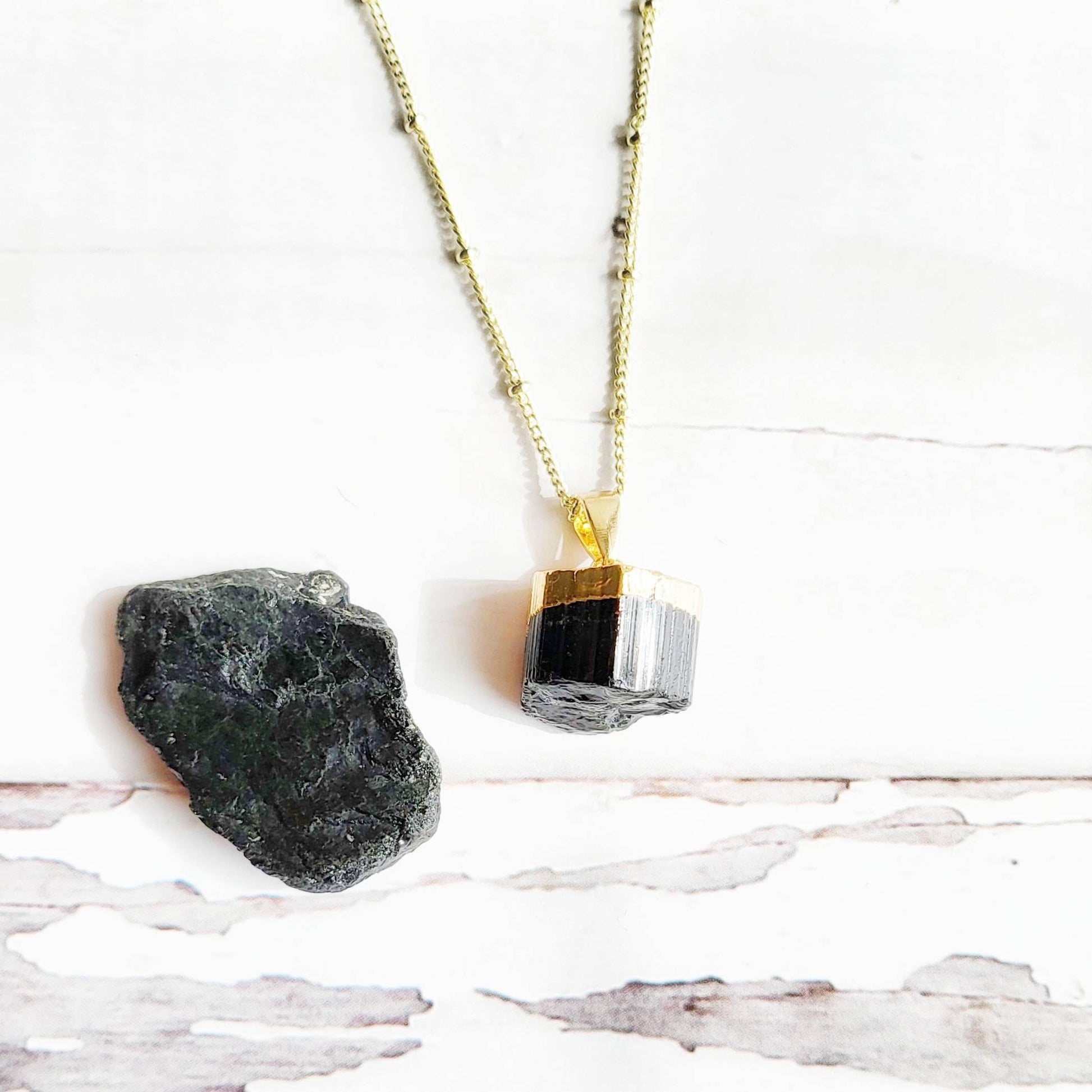 Raw Black Tourmaline | 14K Gold Beaded Satellite Gemstone Necklace | Crystal for Protection | Delicate, Minimalist Black Tourmaline Necklace