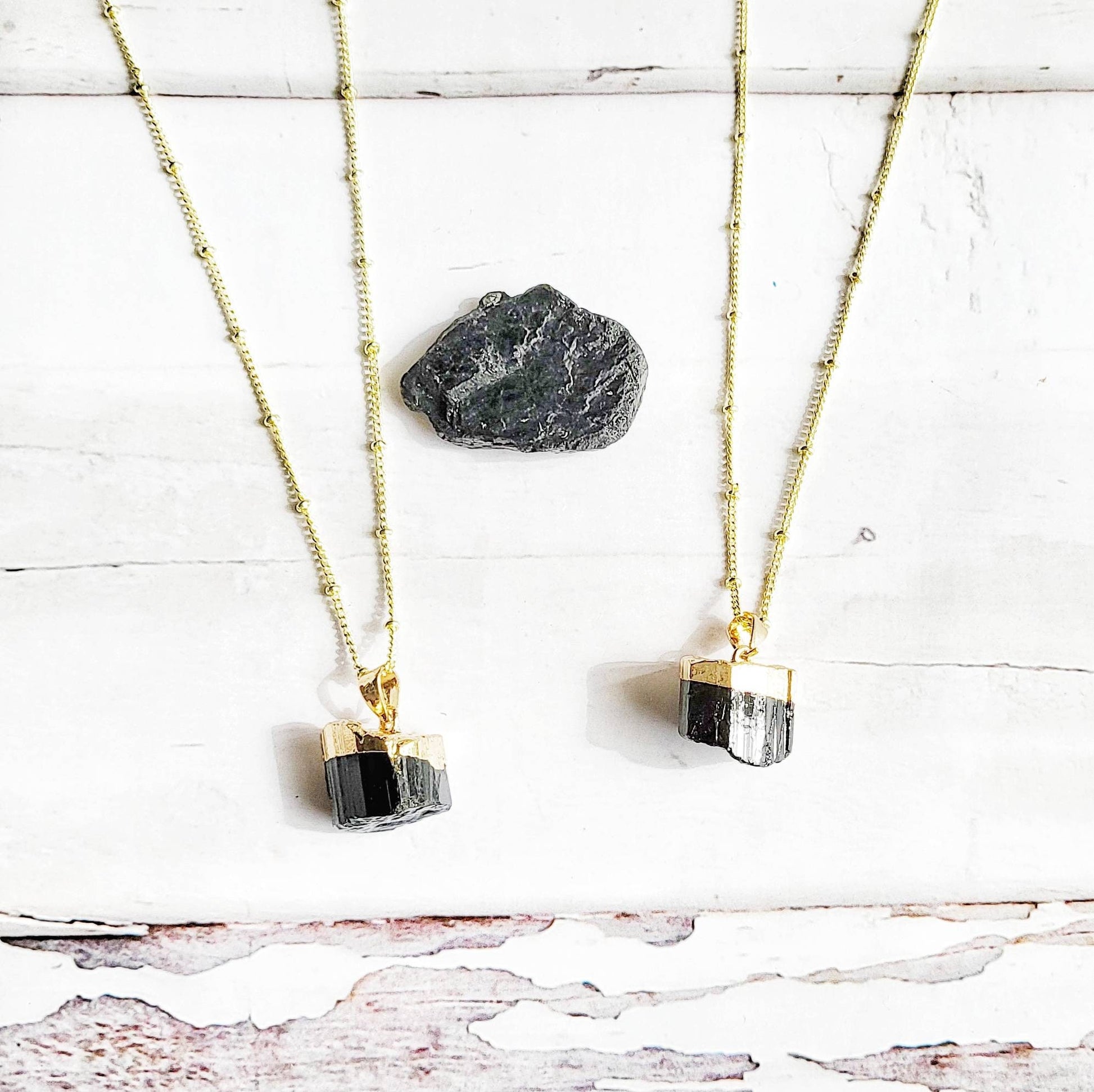 Raw Black Tourmaline | 14K Gold Beaded Satellite Gemstone Necklace | Crystal for Protection | Delicate, Minimalist Black Tourmaline Necklace