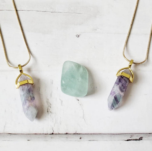 Rainbow Fluorite Crystal Necklace | Gold Pendulum Necklaces | Metaphysical Gemstone Jewelry | Intuition Protection Crystals | Spiritual Gift