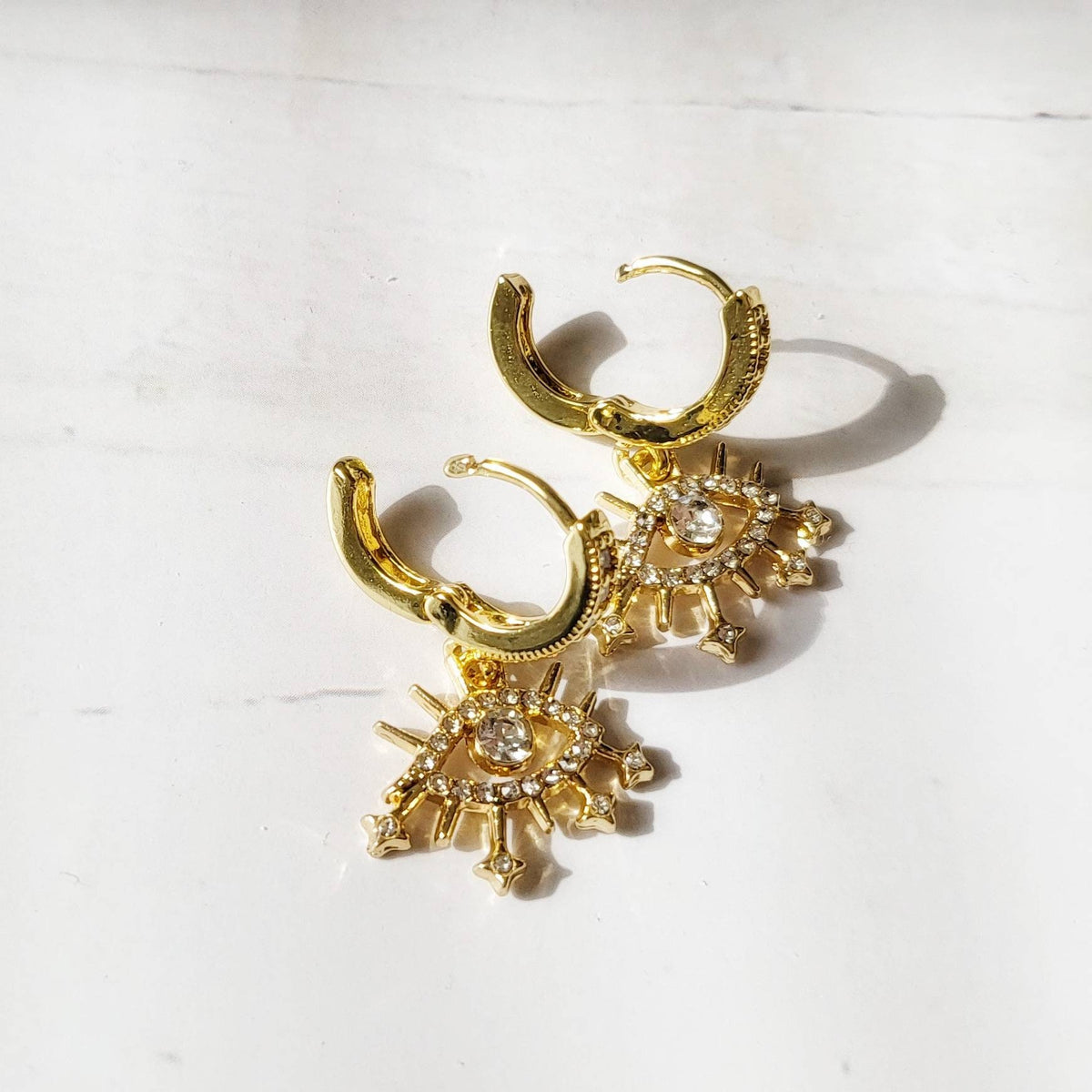 EVIL EYE 14K Gold Earrings | Minimalist Statement Dangle Earrings | Evil Eye Jewelry | Boho Hippie Huggie Hoop | Small Gold Hoop Earrings