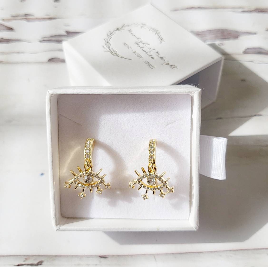 EVIL EYE 14K Gold Earrings | Minimalist Statement Dangle Earrings | Evil Eye Jewelry | Boho Hippie Huggie Hoop | Small Gold Hoop Earrings