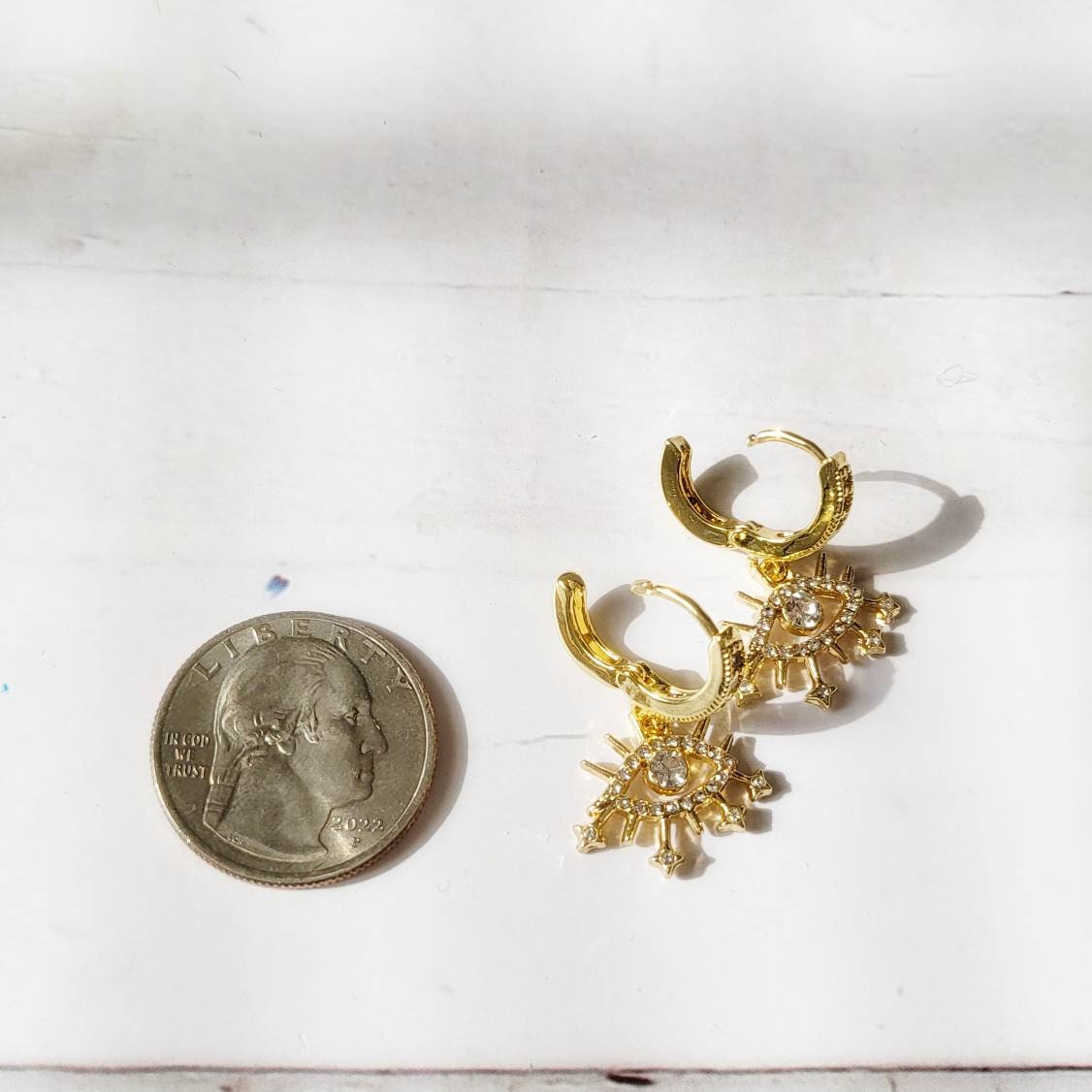 EVIL EYE 14K Gold Earrings | Minimalist Statement Dangle Earrings | Evil Eye Jewelry | Boho Hippie Huggie Hoop | Small Gold Hoop Earrings