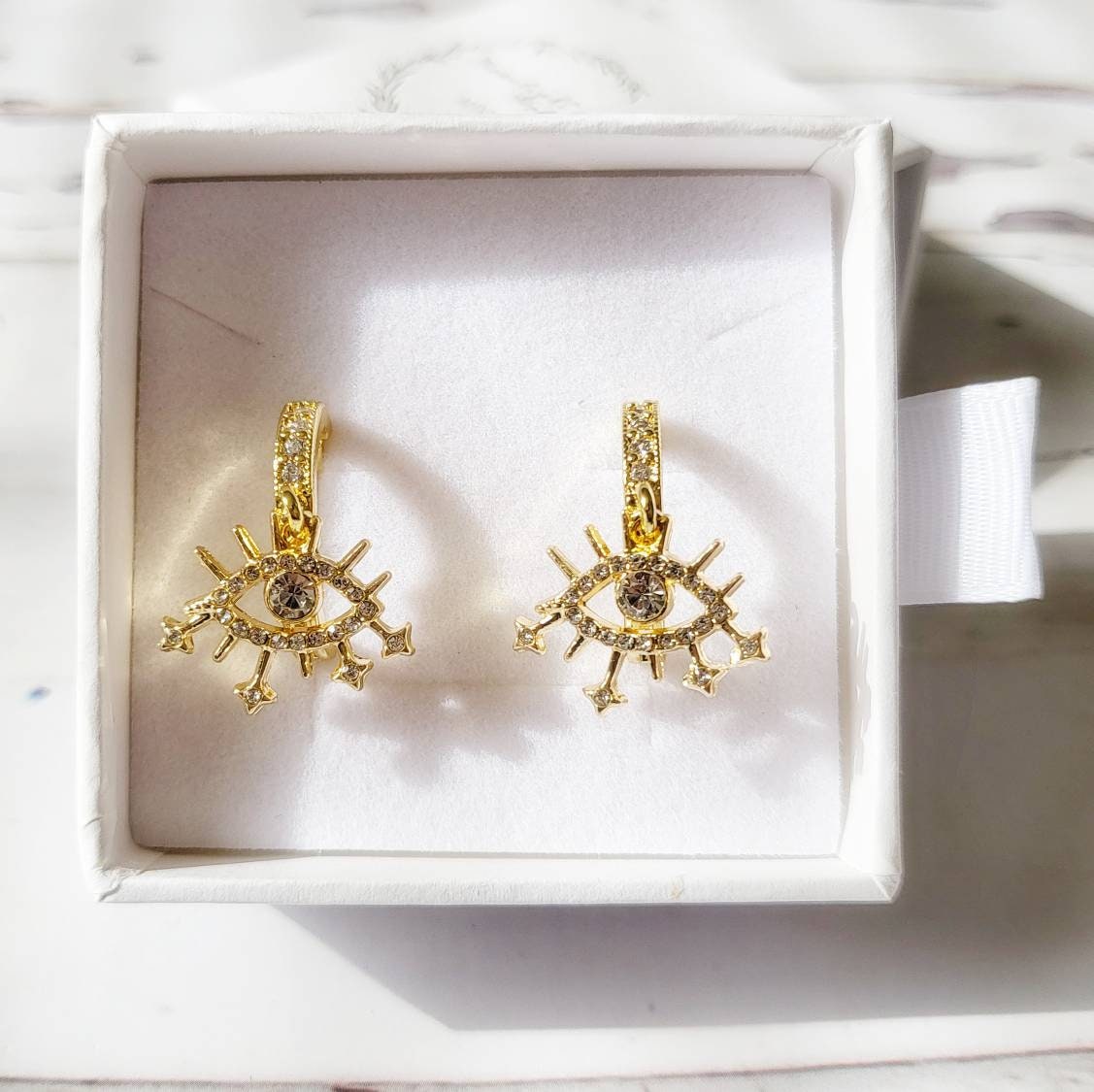 EVIL EYE 14K Gold Earrings | Minimalist Statement Dangle Earrings | Evil Eye Jewelry | Boho Hippie Huggie Hoop | Small Gold Hoop Earrings