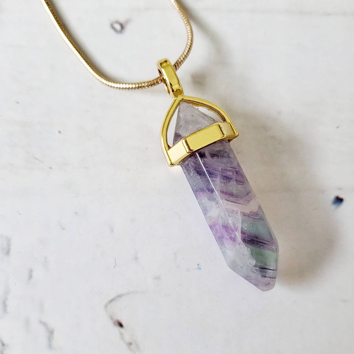 Rainbow Fluorite Crystal Necklace | Gold Pendulum Necklaces | Metaphysical Gemstone Jewelry | Intuition Protection Crystals | Spiritual Gift