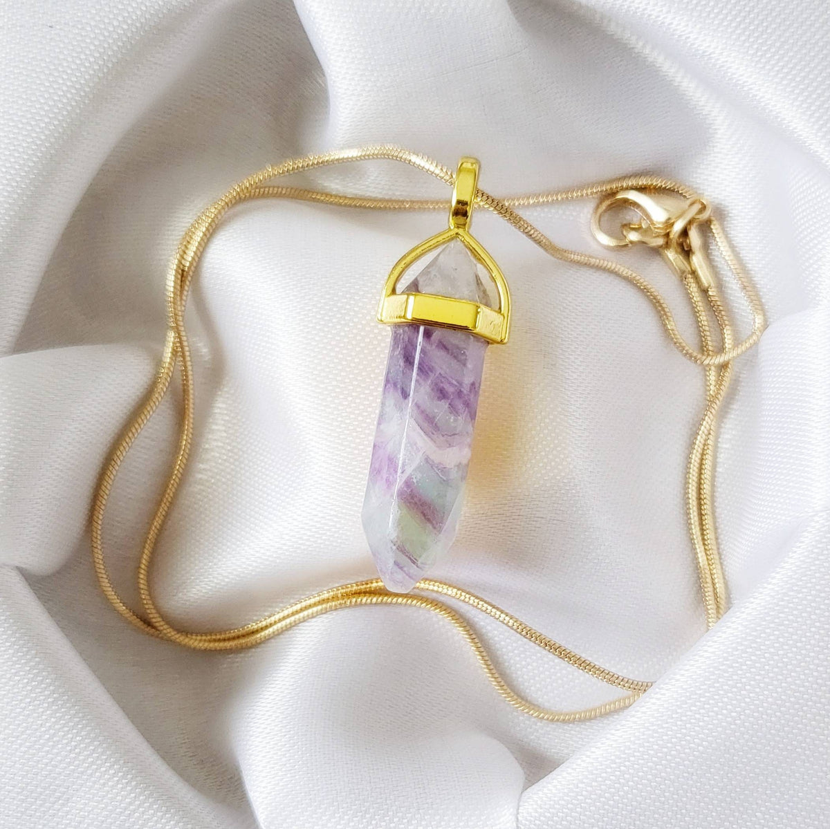 Rainbow Fluorite Crystal Necklace | Gold Pendulum Necklaces | Metaphysical Gemstone Jewelry | Intuition Protection Crystals | Spiritual Gift
