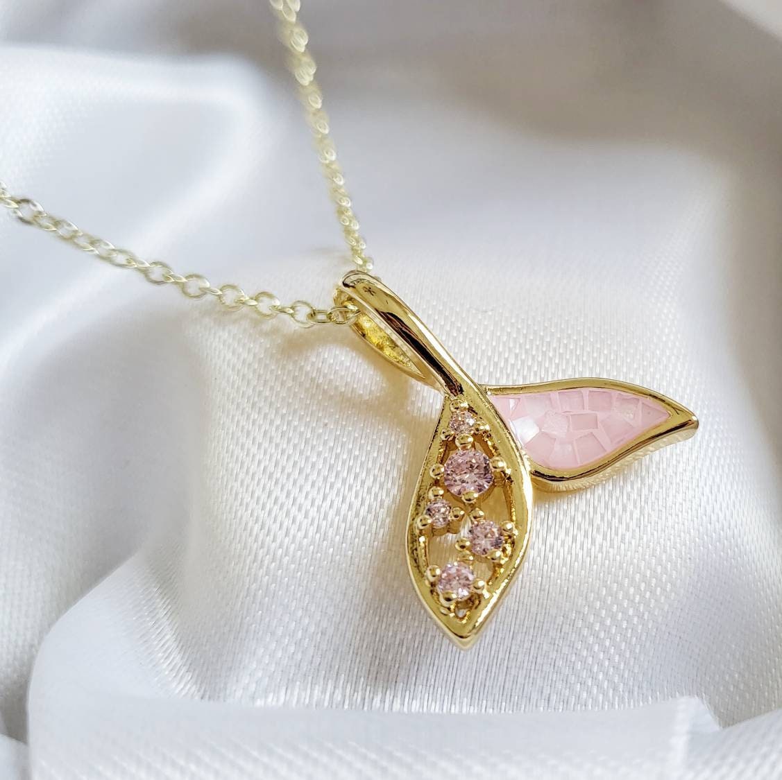 MERMAID TAIL 14K Gold Necklace | Little Delicate Dolphin Tail Jewelry | Pink Mermaidcore Aesthetic | Siren Jewelry | Fish Tail Nautical Gift