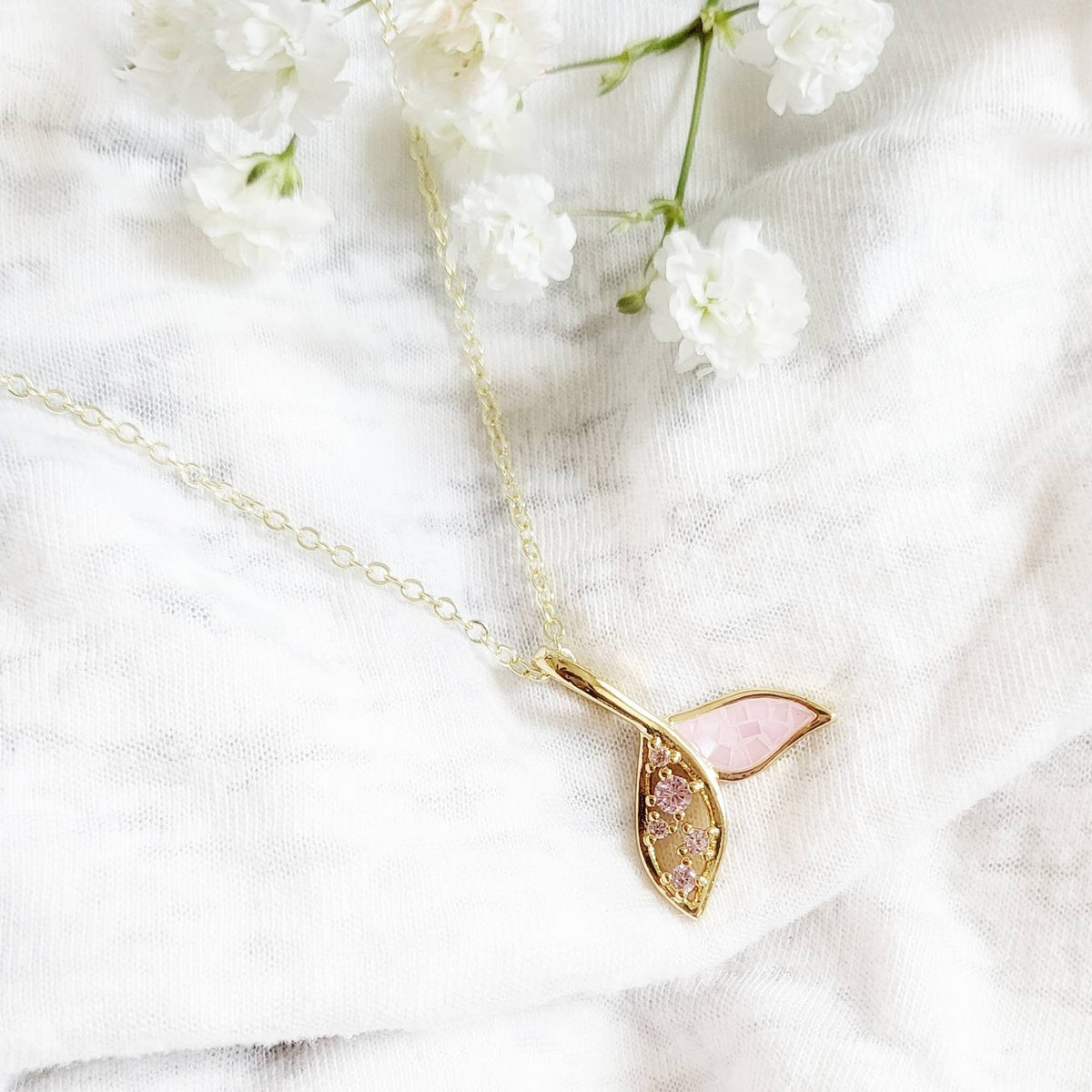 MERMAID TAIL 14K Gold Necklace | Little Delicate Dolphin Tail Jewelry | Pink Mermaidcore Aesthetic | Siren Jewelry | Fish Tail Nautical Gift