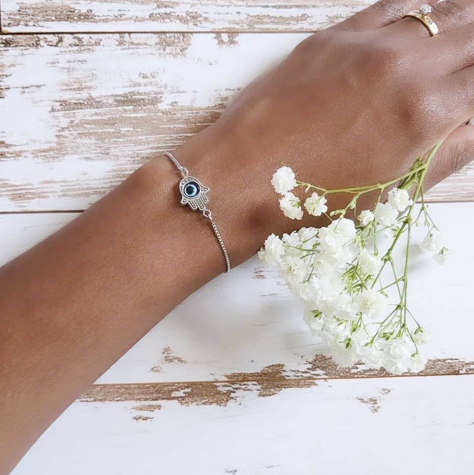 NAZAR | Sterling Silver Evil Eye Bracelets Protection Amulet | Blue Evil Eye Boho Jewelry | Hamsa Hand of Fatima Fidget Tennis Bracelet Gift