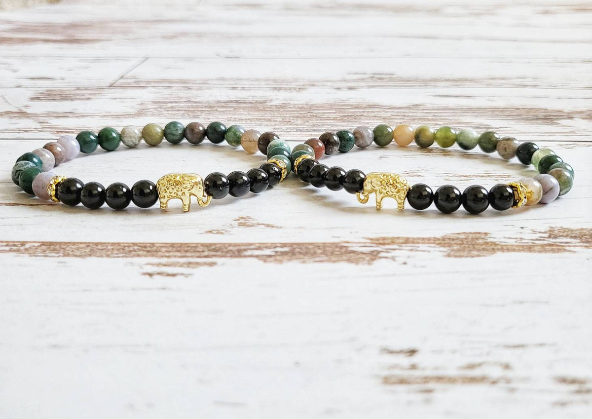 WISDOM | Obsidian &amp; Indian Agate Bracelet for Strength, Courage, and Protection | Delicate Elephant Jewelry Gifts | Animal Totem Bracelets