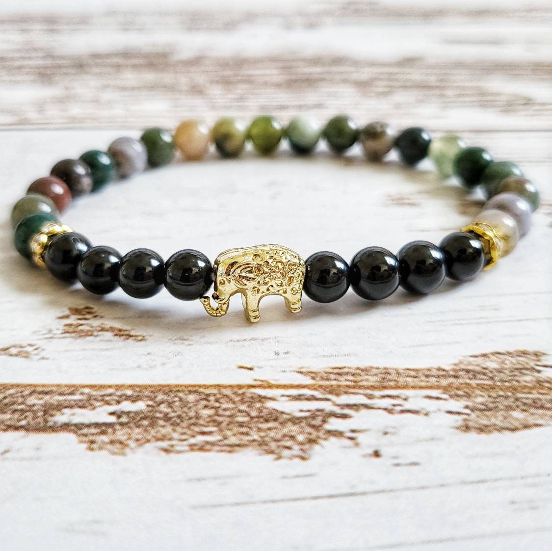 WISDOM | Obsidian &amp; Indian Agate Bracelet for Strength, Courage, and Protection | Delicate Elephant Jewelry Gifts | Animal Totem Bracelets
