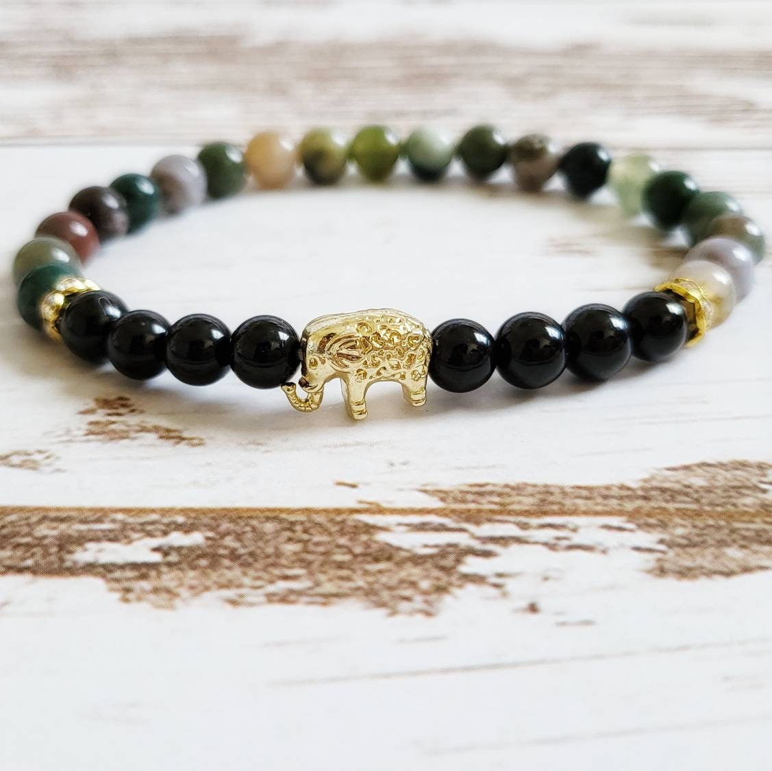 WISDOM | Obsidian &amp; Indian Agate Bracelet for Strength, Courage, and Protection | Delicate Elephant Jewelry Gifts | Animal Totem Bracelets