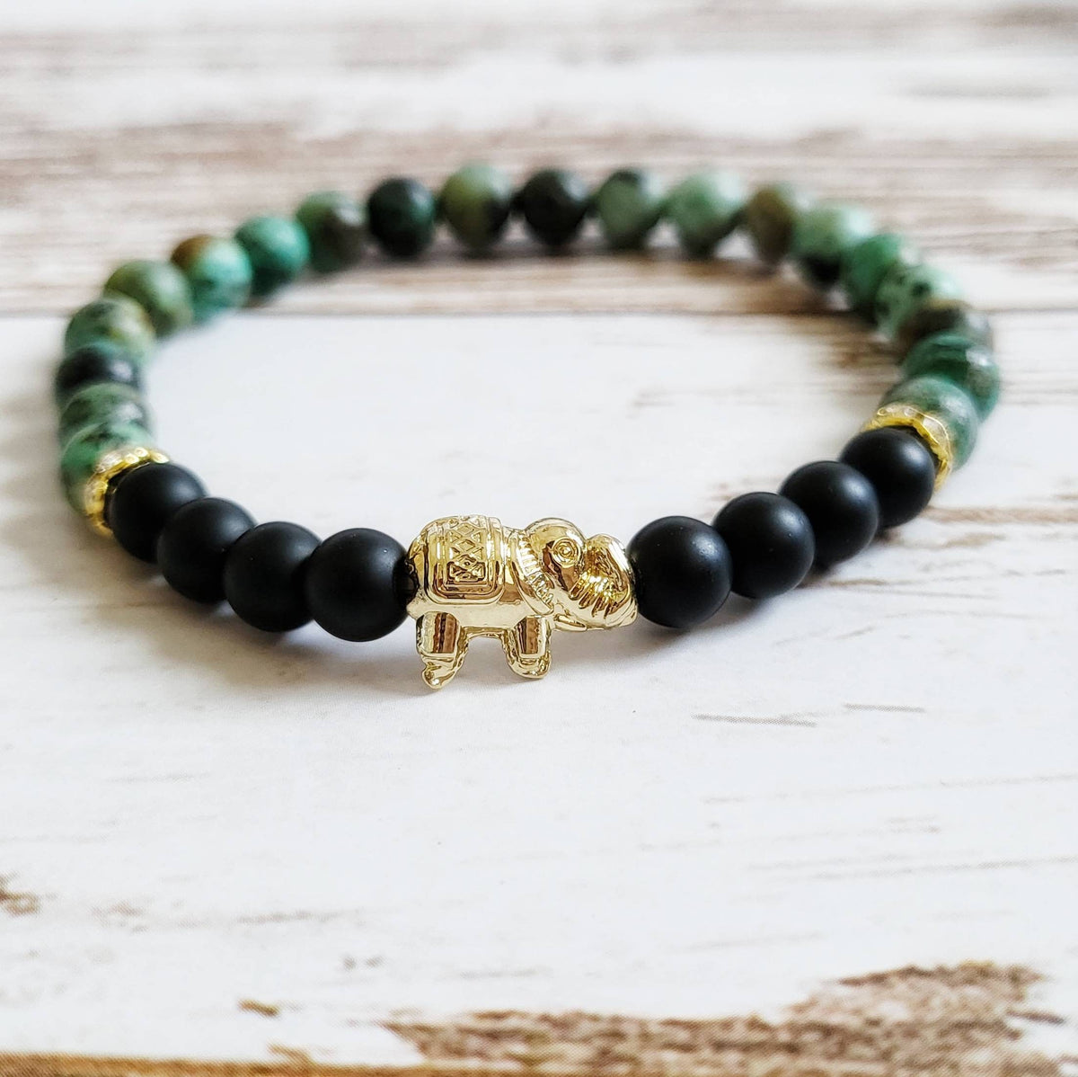 EVOLVE | Onyx &amp; African Turquoise Elephant Bracelet for Transformation, Wisdom, and Strength| Jasper Gemstone Jewelry | Crystal Healing Gift