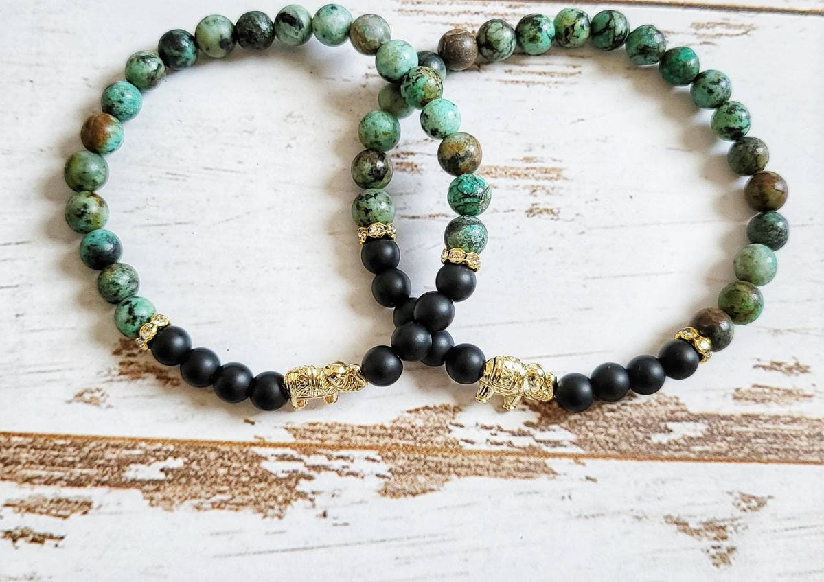 EVOLVE | Onyx &amp; African Turquoise Elephant Bracelet for Transformation, Wisdom, and Strength| Jasper Gemstone Jewelry | Crystal Healing Gift