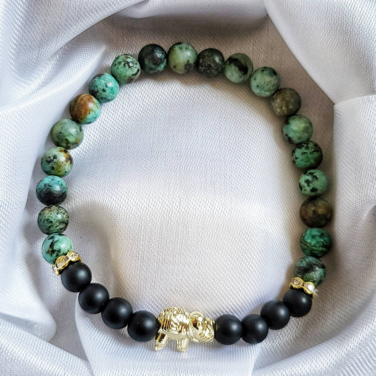 EVOLVE | Onyx &amp; African Turquoise Elephant Bracelet for Transformation, Wisdom, and Strength| Jasper Gemstone Jewelry | Crystal Healing Gift