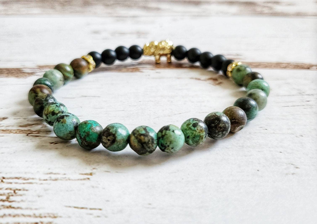 EVOLVE | Onyx &amp; African Turquoise Elephant Bracelet for Transformation, Wisdom, and Strength| Jasper Gemstone Jewelry | Crystal Healing Gift