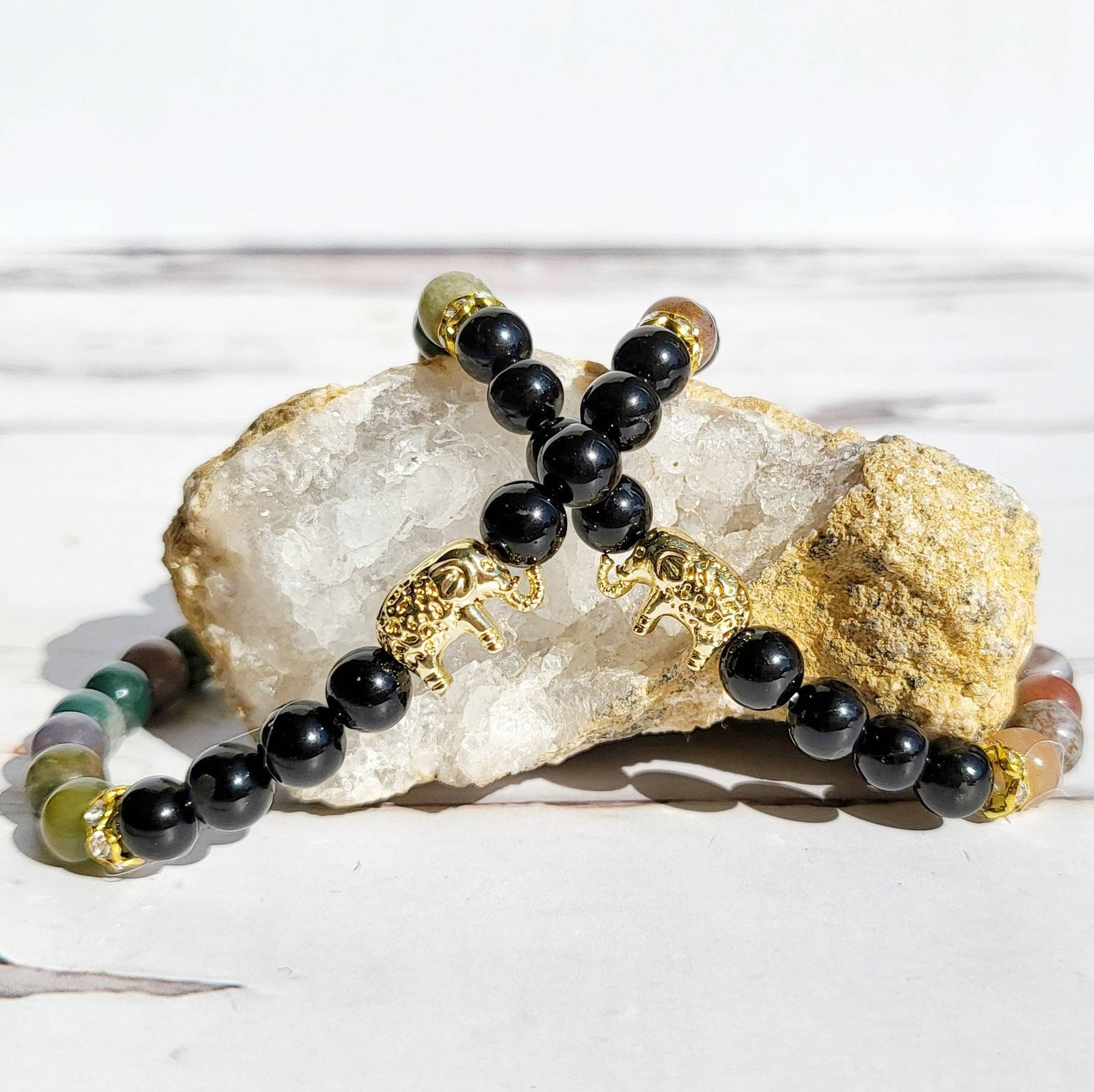 WISDOM | Obsidian & Indian Agate Bracelet for Strength, Courage, and Protection | Delicate Elephant Jewelry Gifts | Animal Totem Bracelets