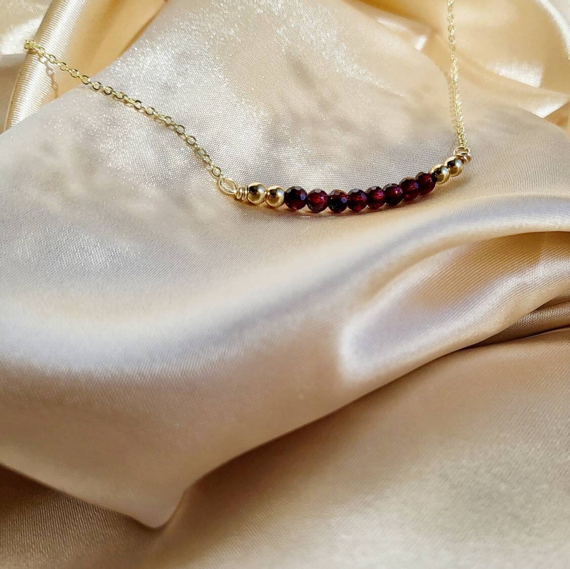 GARNET | 14K Yellow Gold Garnet Crystal Bar Necklace | Red Gemstone Jewelry | Christmas Necklaces | Delicate, Minimalist Necklace