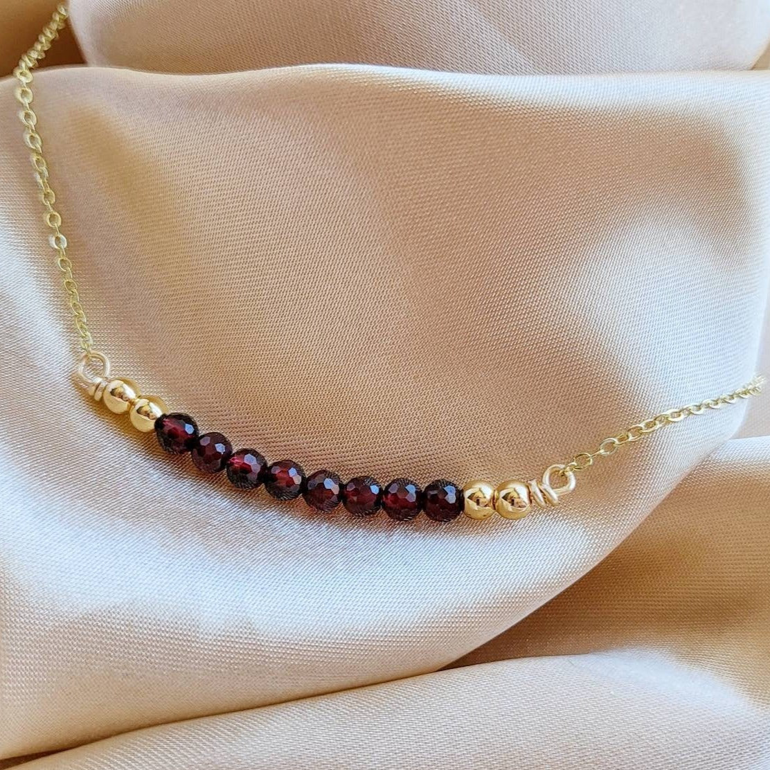 GARNET | 14K Yellow Gold Garnet Crystal Bar Necklace | Red Gemstone Jewelry | Christmas Necklaces | Delicate, Minimalist Necklace