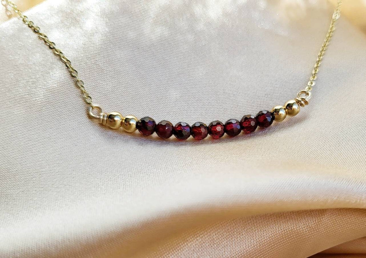 GARNET | 14K Yellow Gold Garnet Crystal Bar Necklace | Red Gemstone Jewelry | Christmas Necklaces | Delicate, Minimalist Necklace