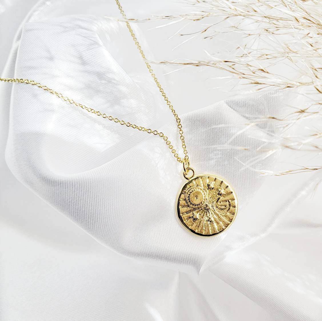 SUN &amp; MOON | 14K Gold Adjustable Cable Chain Pendant Necklace | Crystal for Universal Love, Trust, Harmony | Delicate, Minimalist Necklace