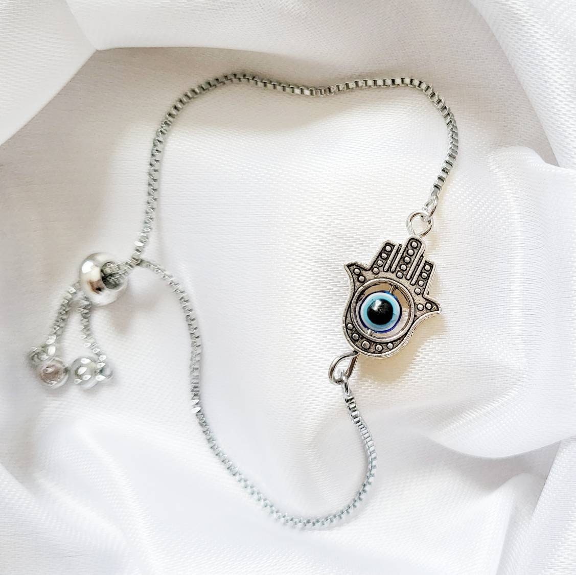 NAZAR | Sterling Silver Evil Eye Bracelets Protection Amulet | Blue Evil Eye Boho Jewelry | Hamsa Hand of Fatima Fidget Tennis Bracelet Gift
