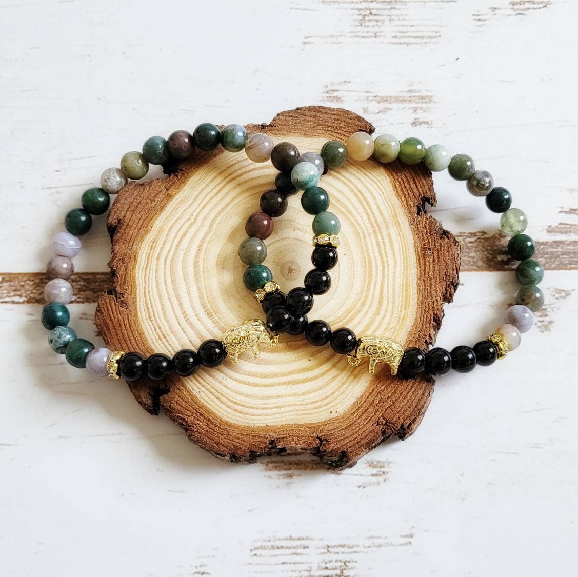 WISDOM | Obsidian &amp; Indian Agate Bracelet for Strength, Courage, and Protection | Delicate Elephant Jewelry Gifts | Animal Totem Bracelets