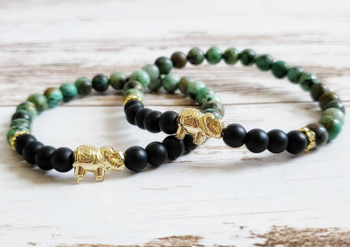 EVOLVE | Onyx &amp; African Turquoise Elephant Bracelet for Transformation, Wisdom, and Strength| Jasper Gemstone Jewelry | Crystal Healing Gift