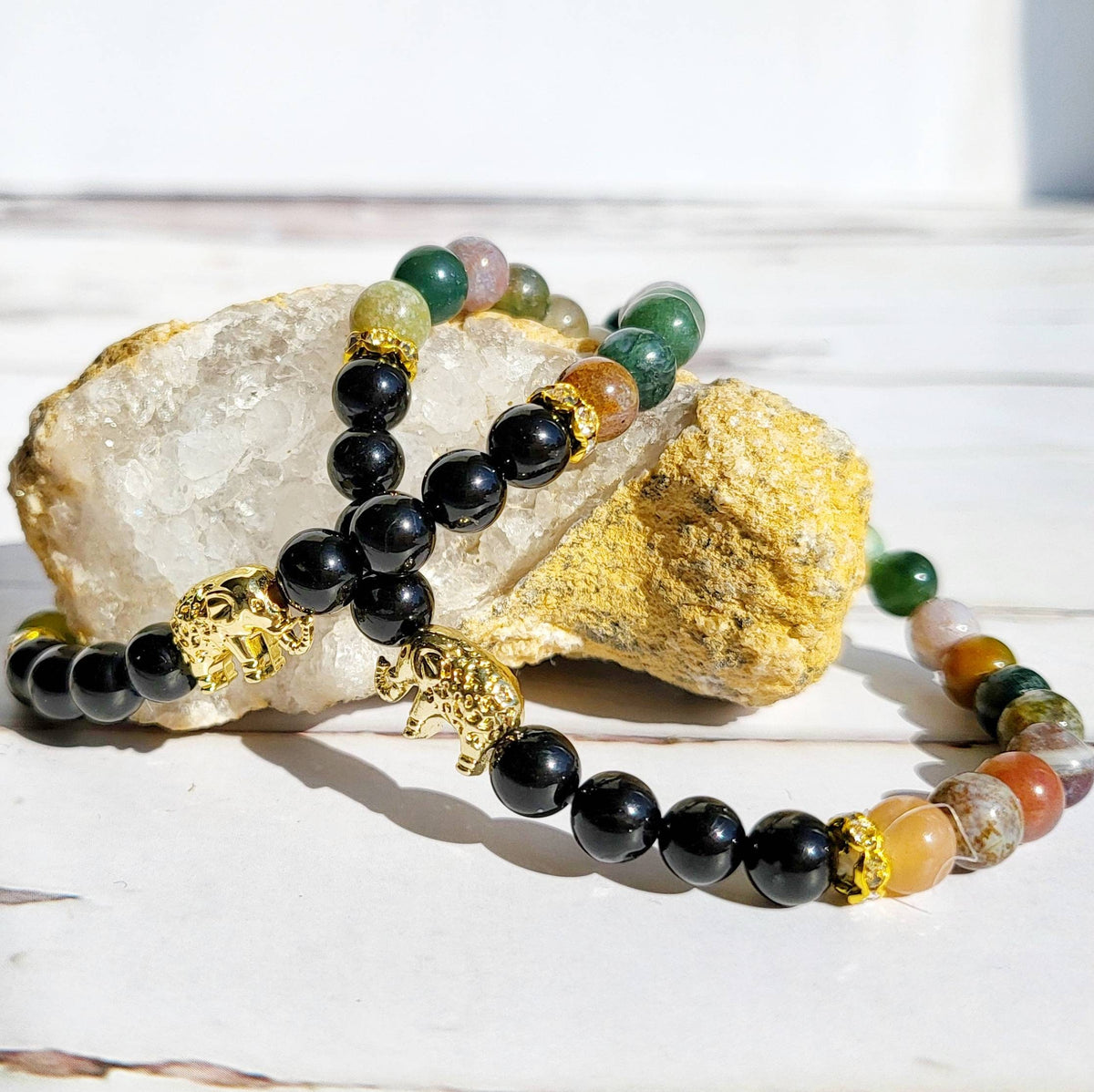 WISDOM | Obsidian &amp; Indian Agate Bracelet for Strength, Courage, and Protection | Delicate Elephant Jewelry Gifts | Animal Totem Bracelets