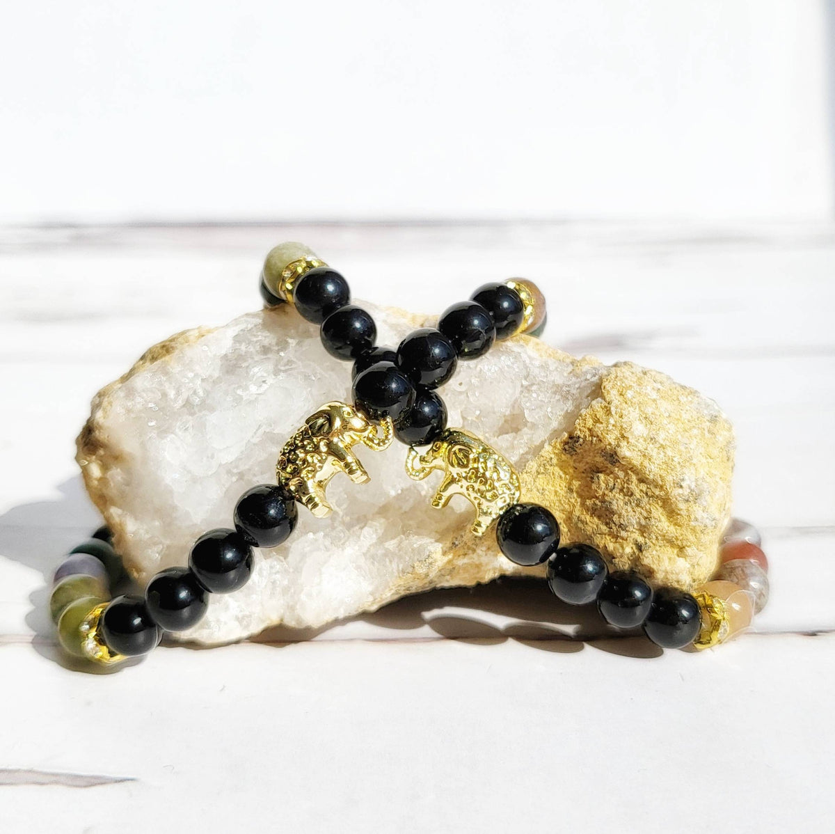 WISDOM | Obsidian &amp; Indian Agate Bracelet for Strength, Courage, and Protection | Delicate Elephant Jewelry Gifts | Animal Totem Bracelets