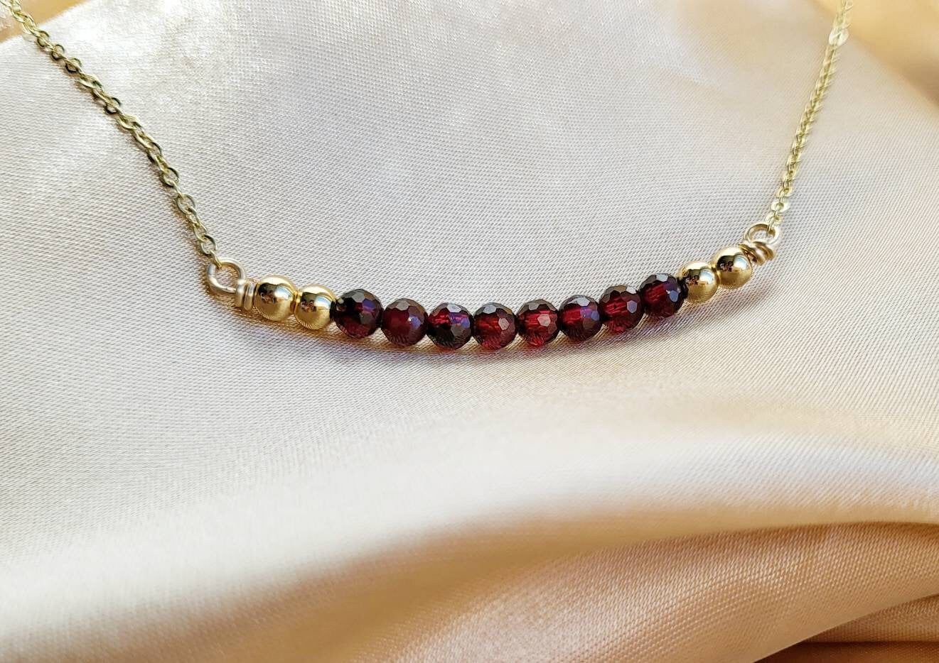 GARNET | 14K Yellow Gold Garnet Crystal Bar Necklace | Red Gemstone Jewelry | Christmas Necklaces | Delicate, Minimalist Necklace