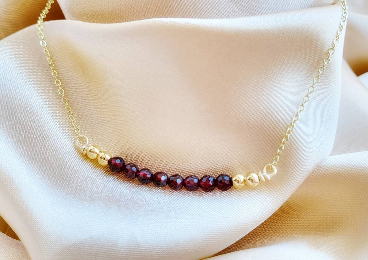 GARNET | 14K Yellow Gold Garnet Crystal Bar Necklace | Red Gemstone Jewelry | Christmas Necklaces | Delicate, Minimalist Necklace