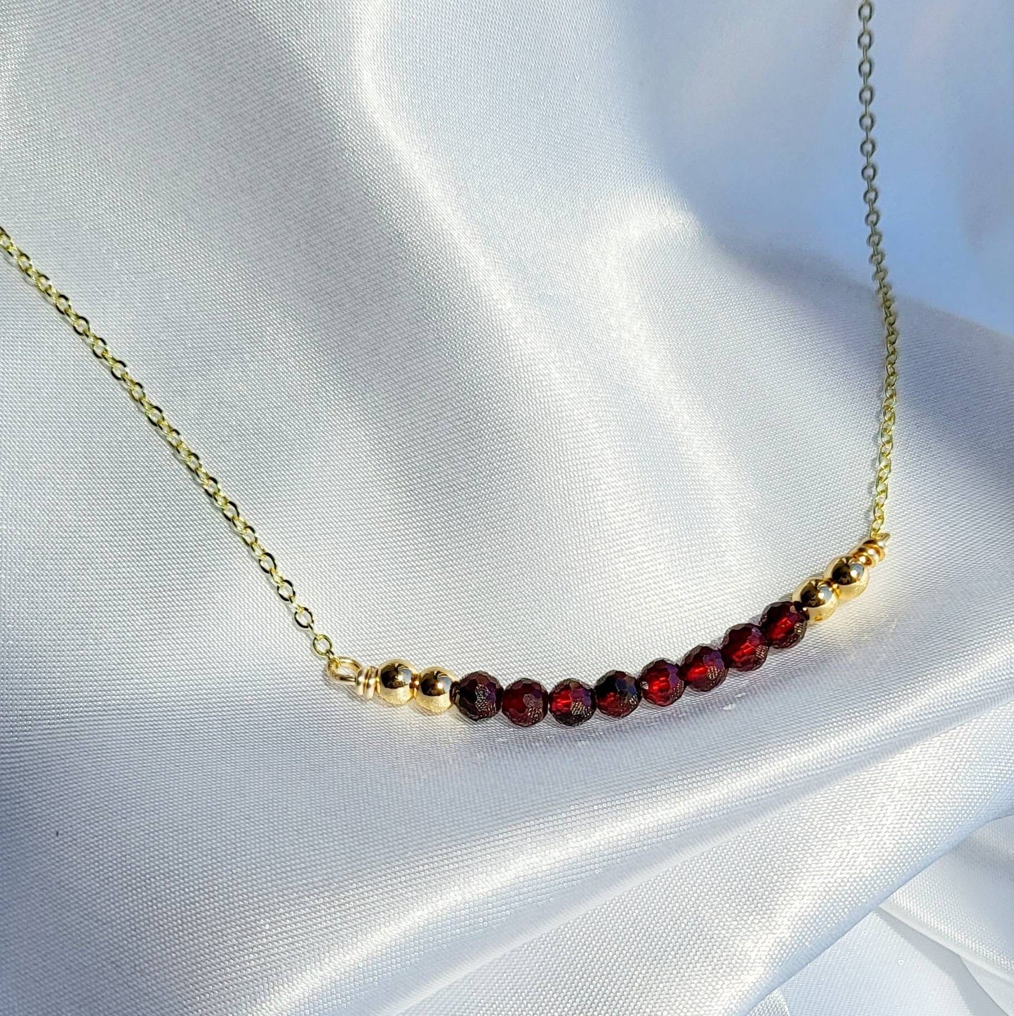 GARNET | 14K Yellow Gold Garnet Crystal Bar Necklace | Red Gemstone Jewelry | Christmas Necklaces | Delicate, Minimalist Necklace