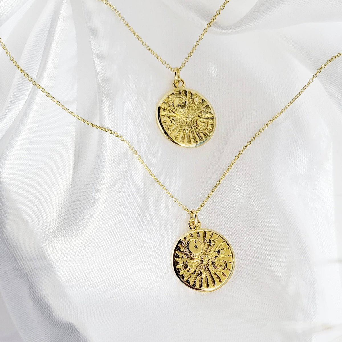 SUN &amp; MOON | 14K Gold Adjustable Cable Chain Pendant Necklace | Crystal for Universal Love, Trust, Harmony | Delicate, Minimalist Necklace