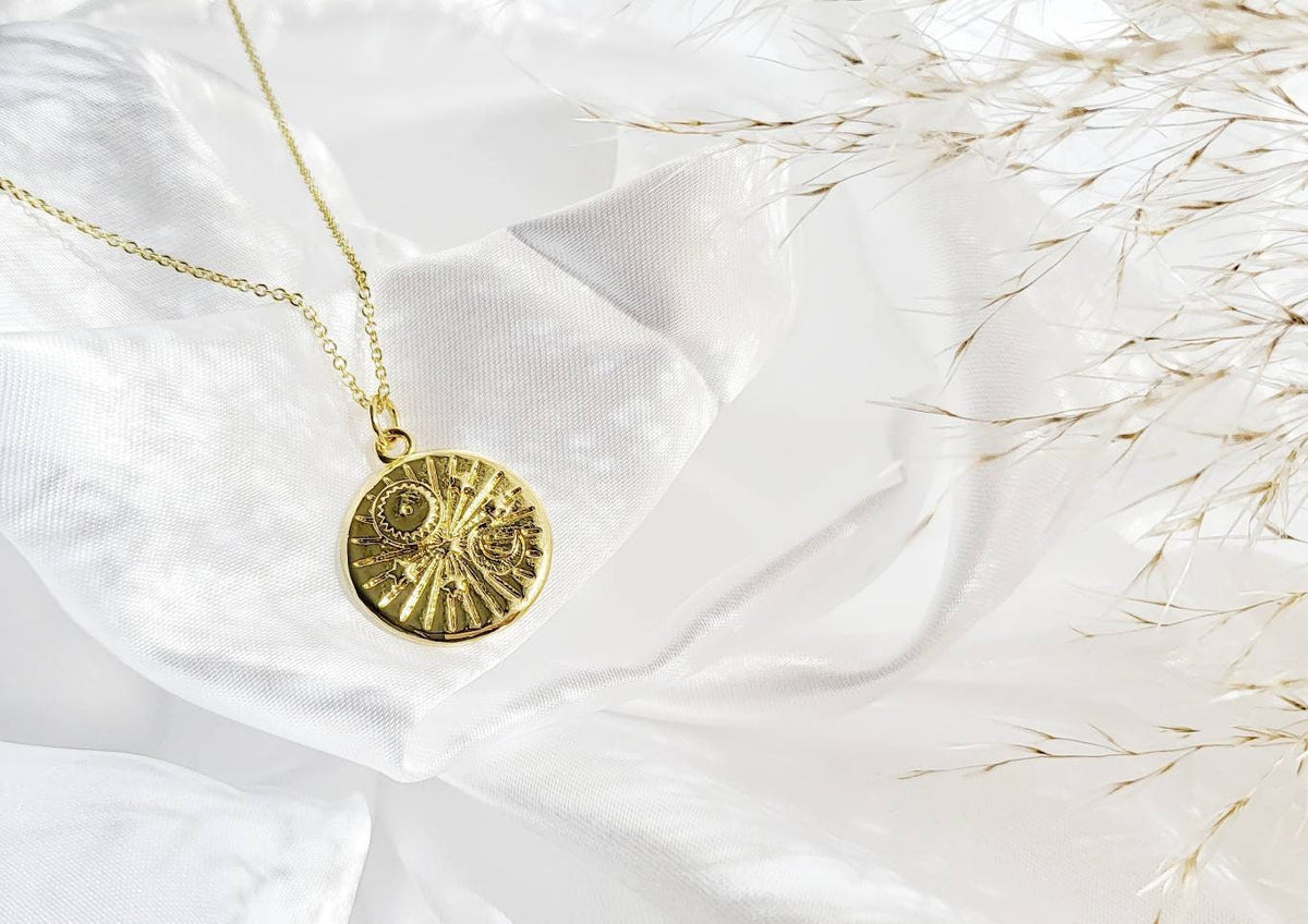 SUN &amp; MOON | 14K Gold Adjustable Cable Chain Pendant Necklace | Crystal for Universal Love, Trust, Harmony | Delicate, Minimalist Necklace