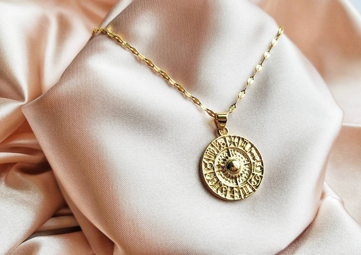 ZODIAC | 14K Gold Astrology Wheel Coin Necklace | Delicate, Minimalist Sequin Necklaces | Spiritual Celestial Jewelry | Gifts for Astrologer