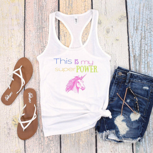 This is My Super Power Tee | Rainbow Unicorn Tank Top | Funny Yoga Racerback Tank | Boho Tank Top | Fitted Workout Tank Top
